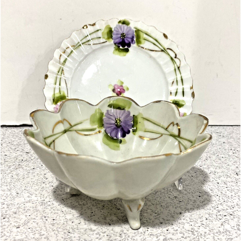 Mayonnaise Bowl & Drip Dish Set Porcelain Hand Painted Pink Purple Flowers Japan